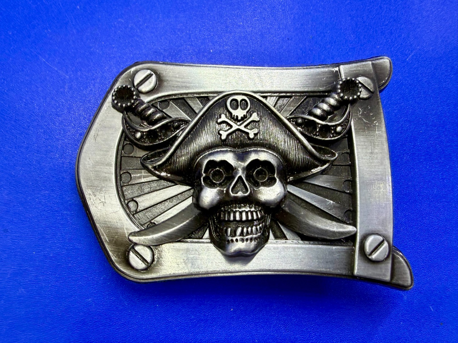 Pirate Skull Crossbones with Crossed Swords 3D Raised Silver Tone Belt Buckle