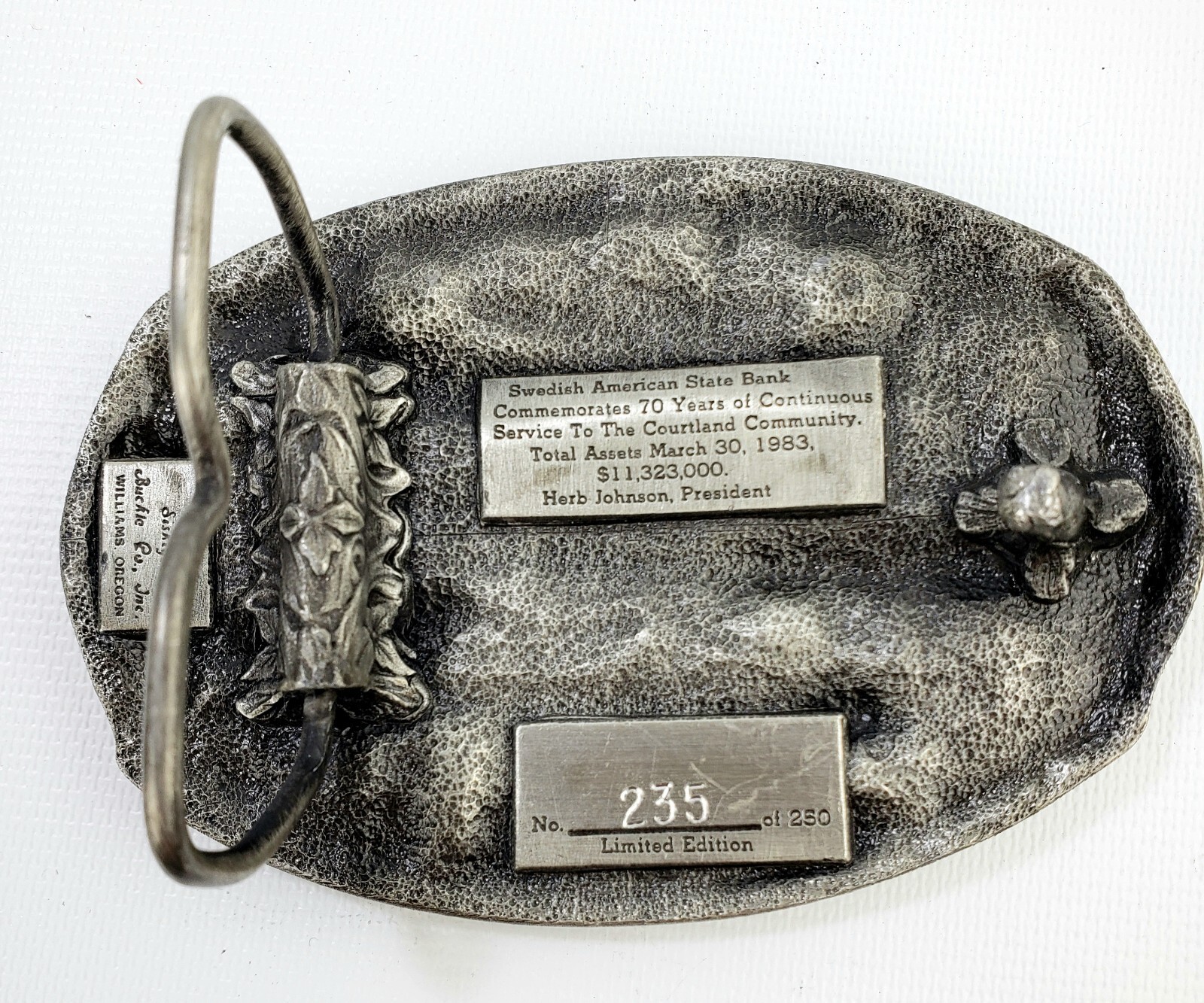 Siskiyou Farming Belt Buckle Swedish American State Bank 70th Anniversary