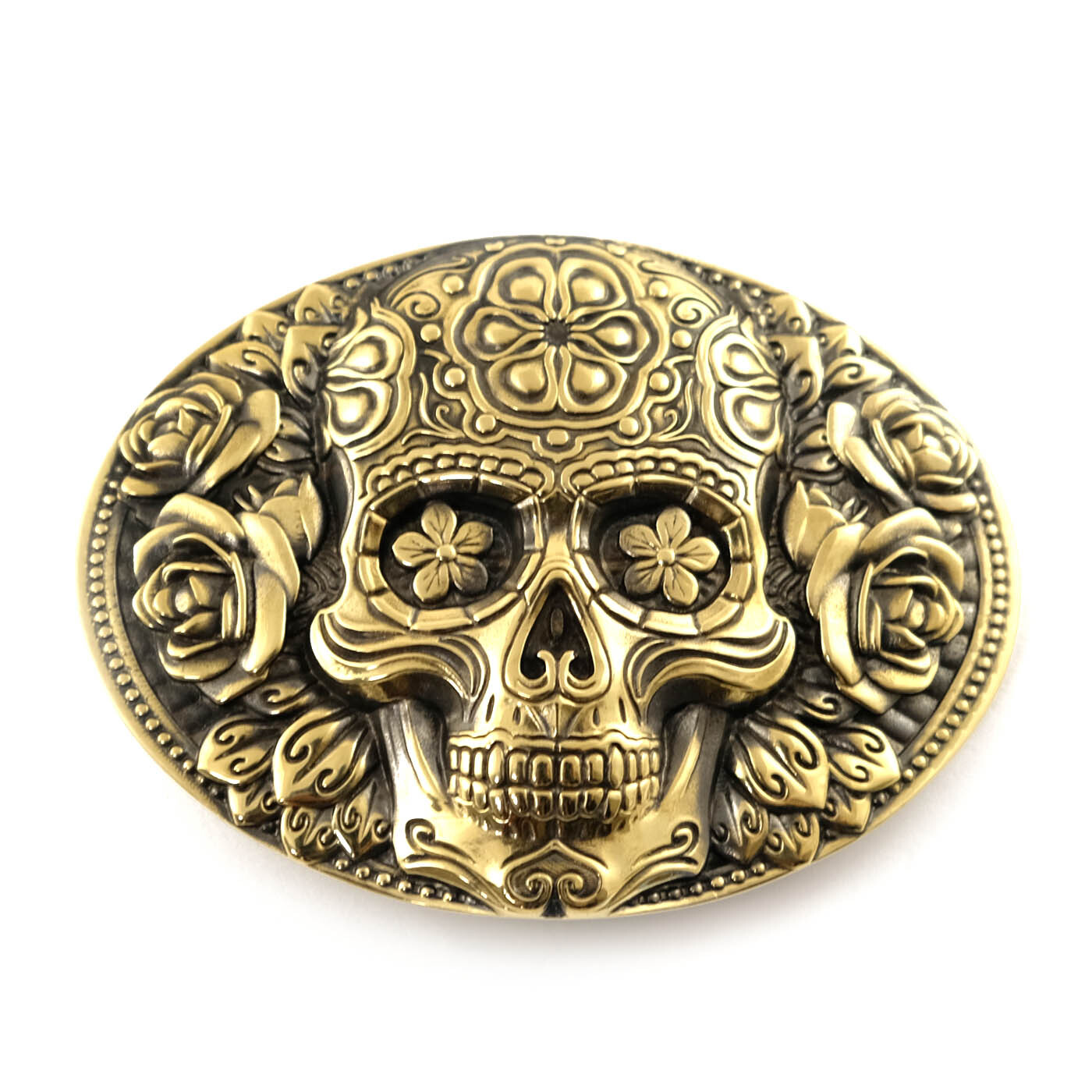 Santa Muerte belt buckle, solid brass Skull El Día de Muertos