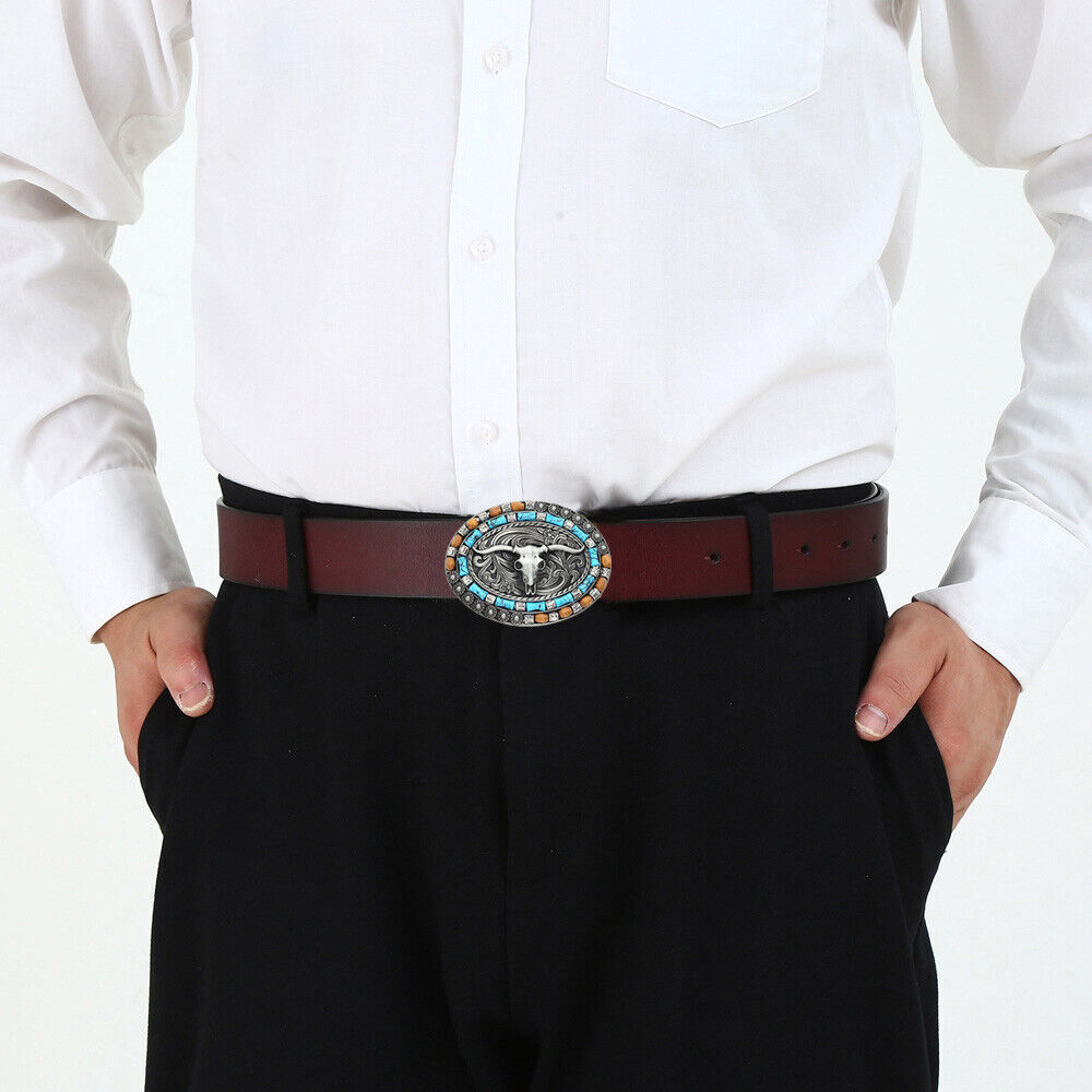 Silver Western Cowboy Belt Buckle Men Women Turquoise Cow Skull Belt Buckle NEW