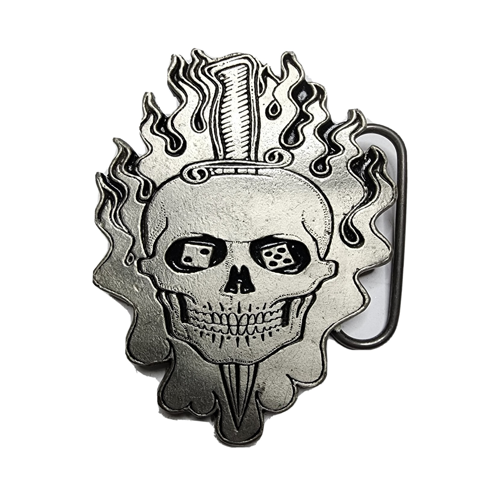 Vintage Skull and Sword with flames – Black and Silver Belt Buckle