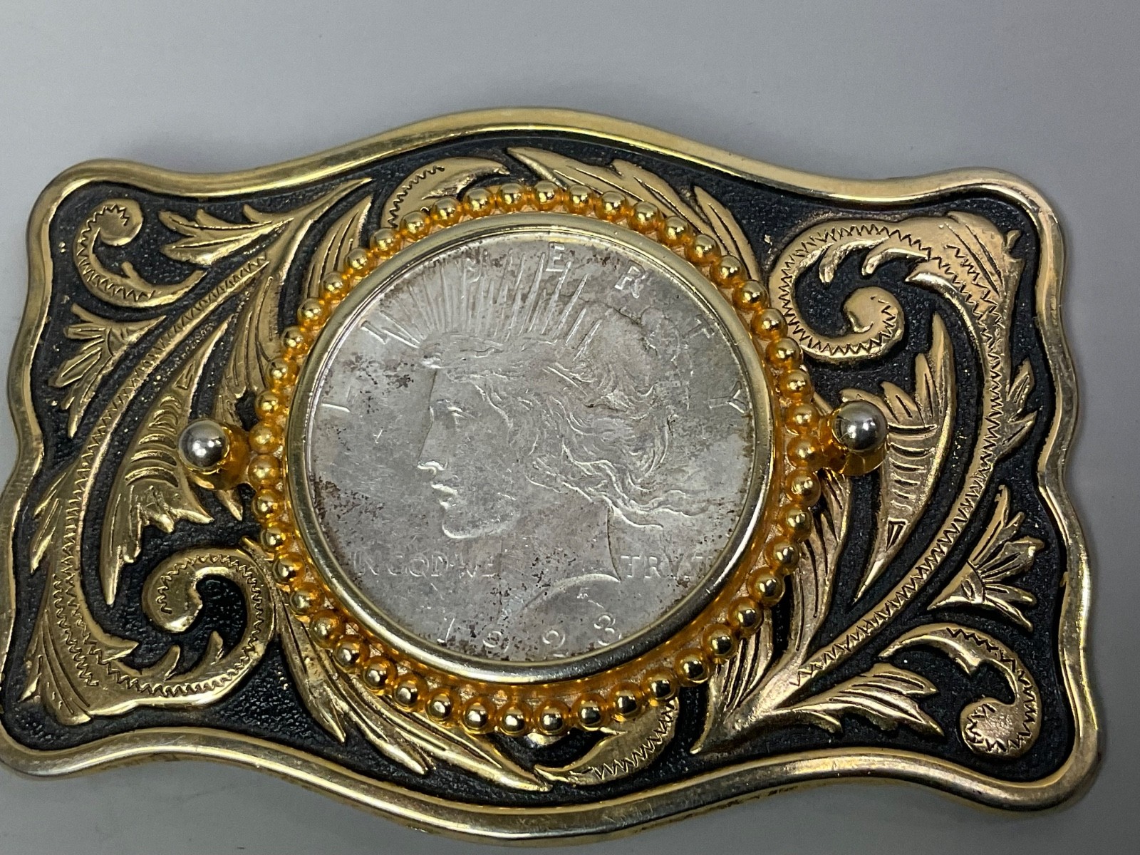 Vtg 1923 Peace Silver Dollar Coin Belt Buckle Engraved Scrollwork Western Cowboy