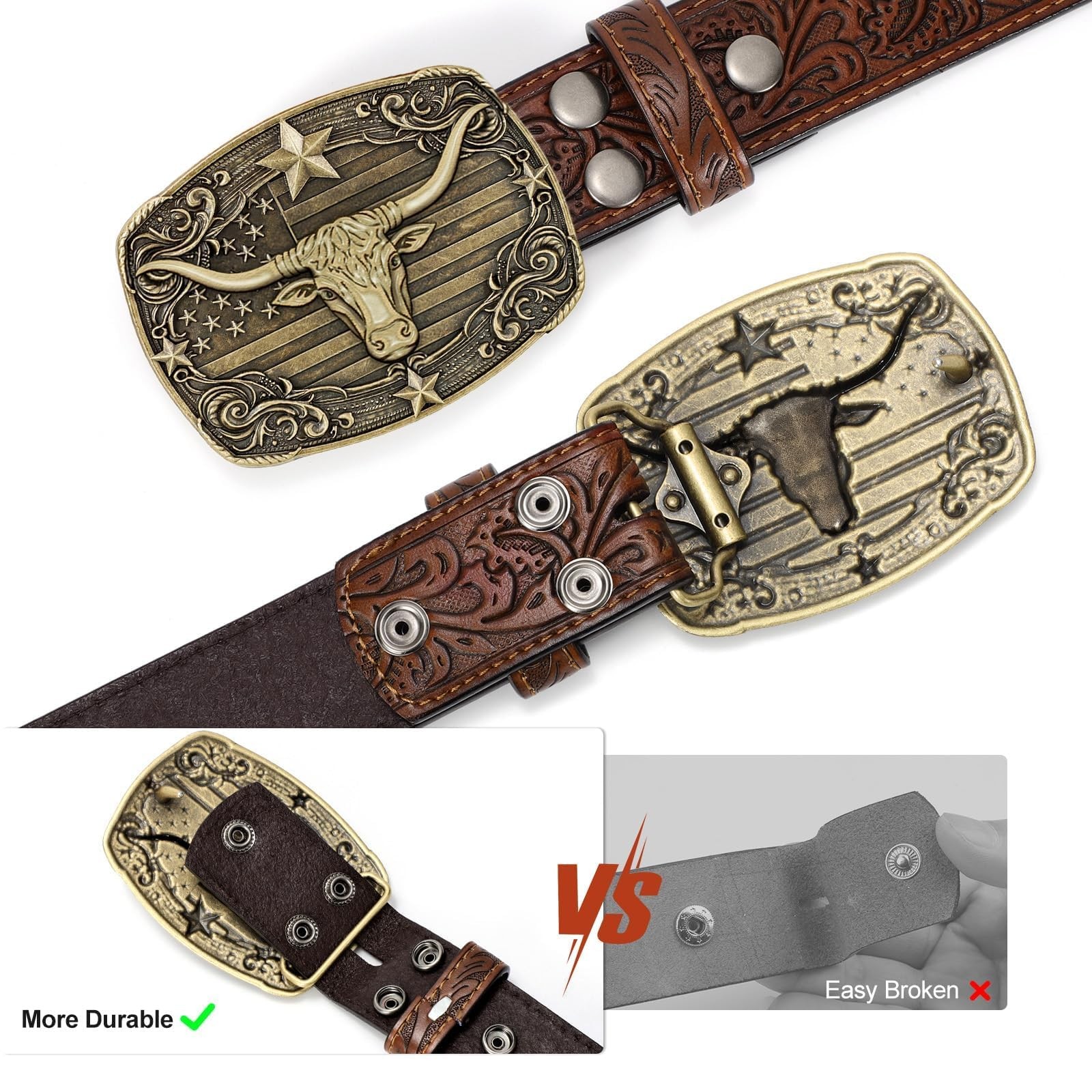 SANSTHS Western Cowboy M for 38&Prime;-41&Prime; Waist, Bronze Star Bull/Coffee Belt