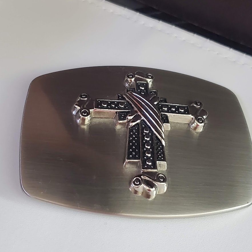 Silver Tone Ornate Cross Belt Buckle Brushed Metal Rectangular Religious Western