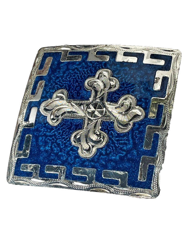 Western Mens Belt Buckle 3.25 x 3 in Southern Cross Cowboy Blue Silver 1.5