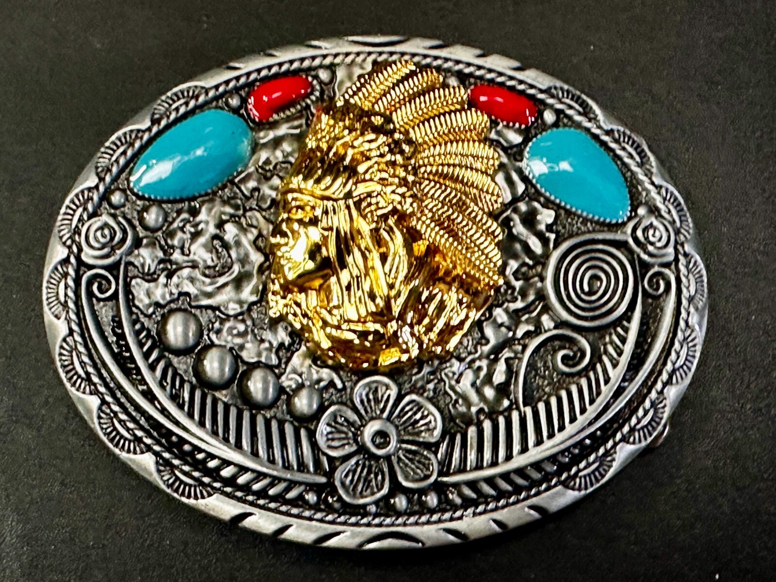Native American Indian Chief in Head Dress Faux Turquoise & Coral Belt Buckle