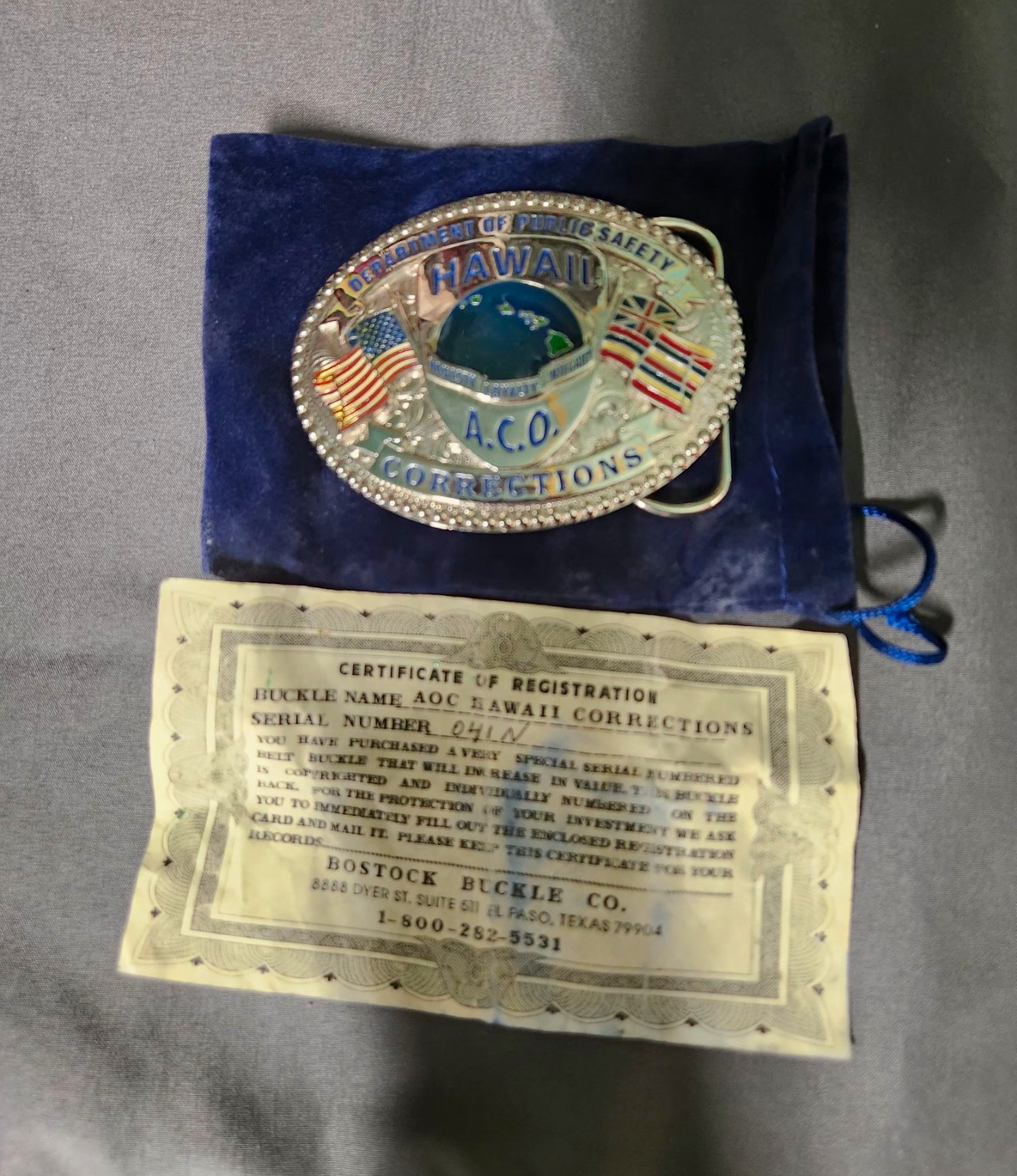 Bostock Buckle Co. A.C.O. Hawaii Corrections Limited Ed. Belt Buckle 2&Prime; 041/N
