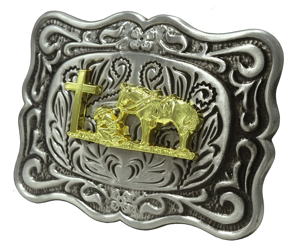 Belt Buckle With Religion Cross Cowboy Kneeling Prayer And Horse Design
