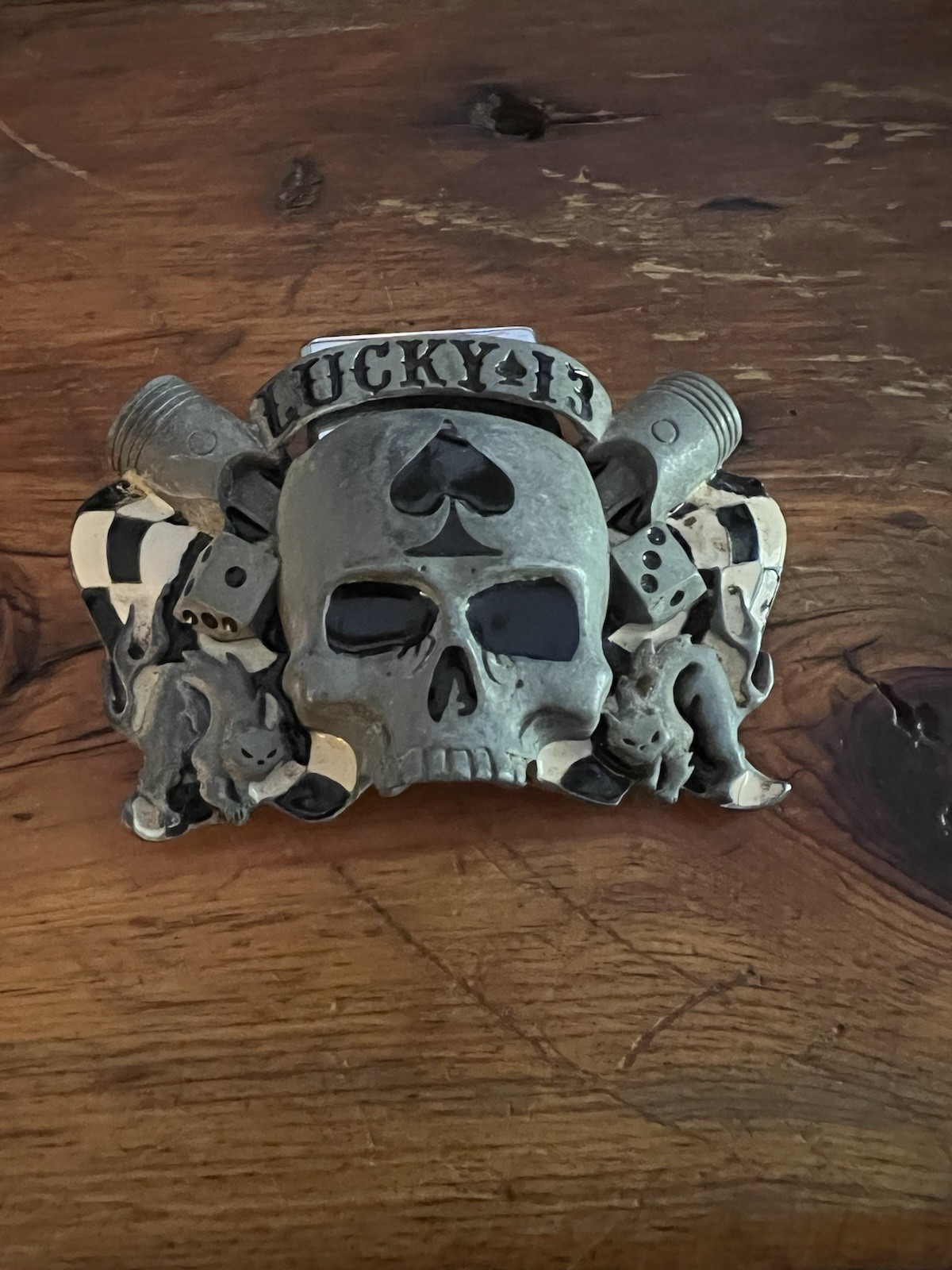 Lucky 13 Apparel Skull Zippo Lighter Holder Belt Buckle 2003 W/ A Lighter BOLD