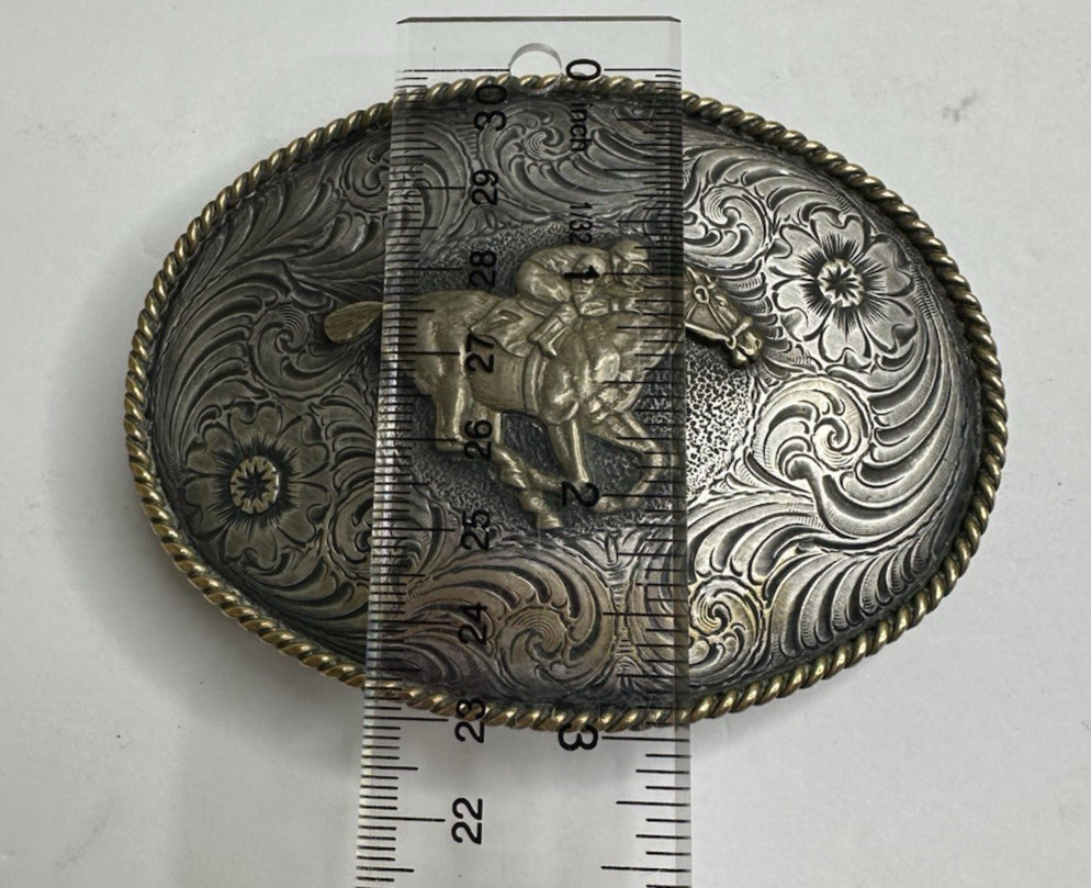 ADM Vintage Belt Buckle Jockey RaceHorse Lucky #7 Floral Brass Numbered Signed