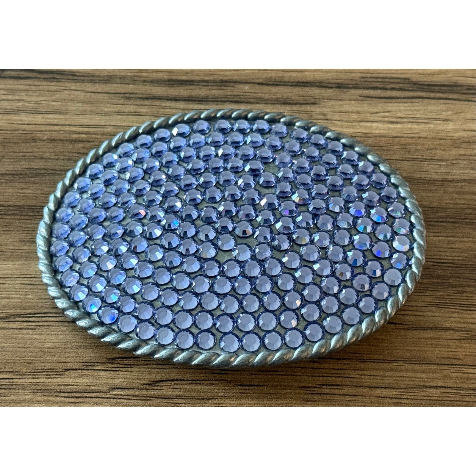 Vintage Blue Purple Rhinestone Belt Buckle Signed Unknown Maker Made USA Western