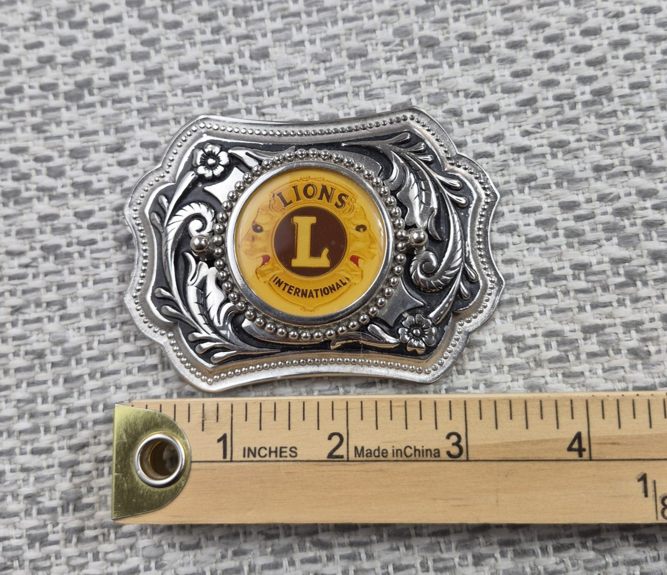 Lions International Belt Buckle Mens Silver Floral Western Logo Rectangular