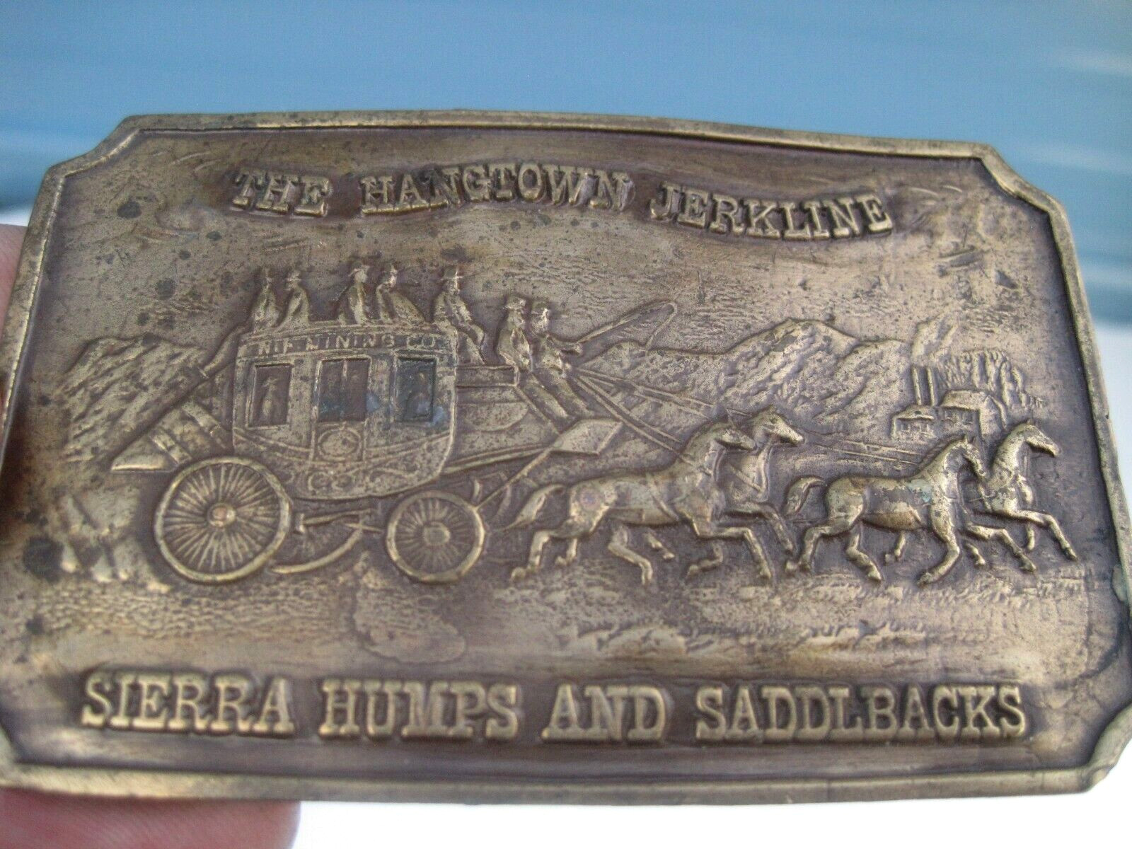 Hangtown Jerkline Sierra Brass Belt Buckle Western Stagecoach horses Vintage