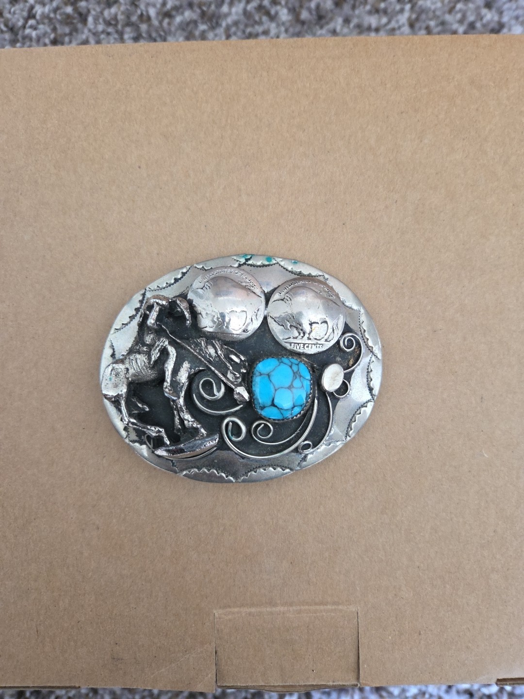 Native American Belt Buckle – Buffalo Nickels Turquoise