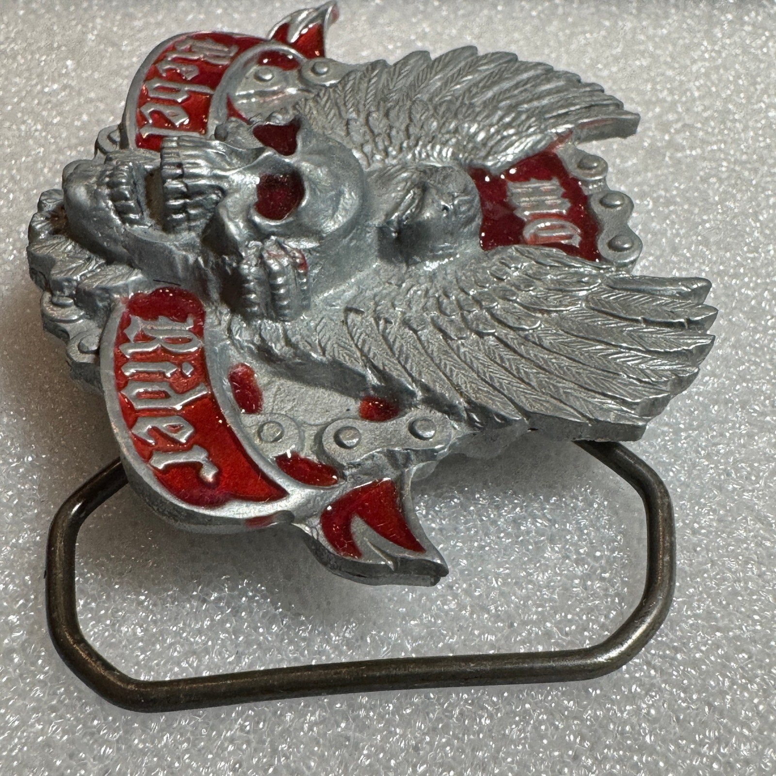 Winged Skull Eagle MC Rebel Rider Belt Buckle Silver Tone Red Enamel Reissue