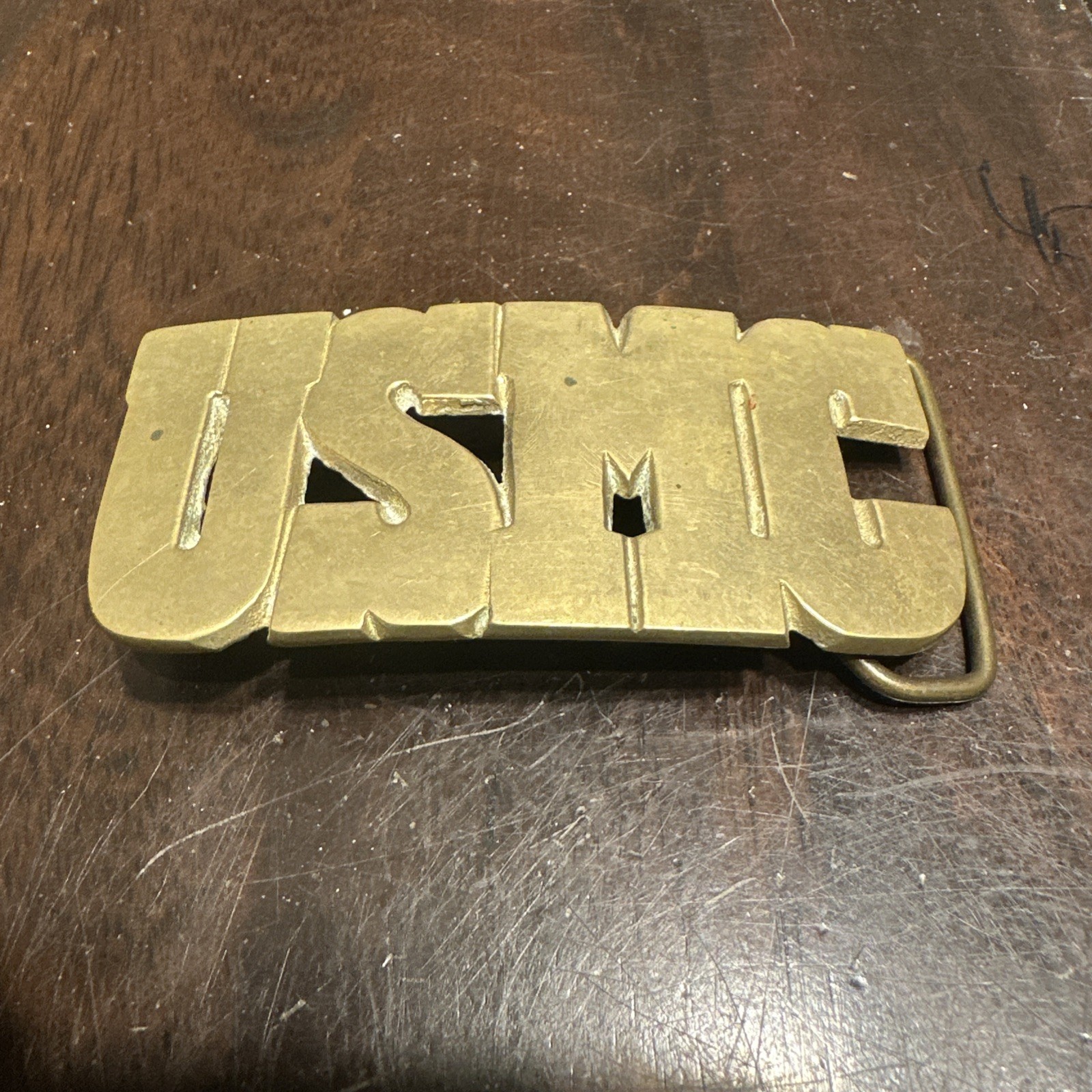 USMC solid brass belt buckle “USMC” in large letters 2” tall & 4”wide unpolished