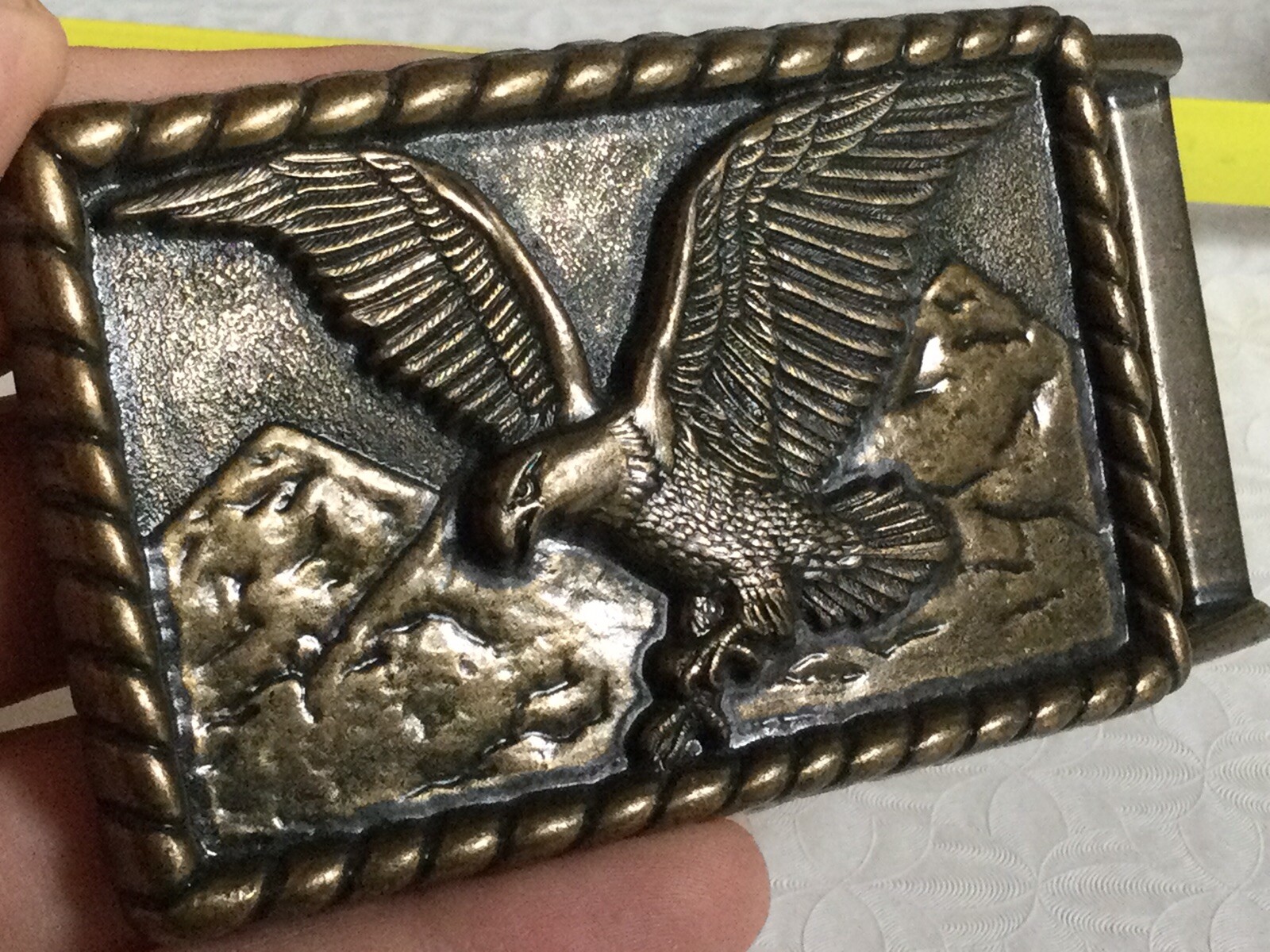 Patriotic Vintage American Bald Eagle Soaring Over Mountains Brass Belt Buckle