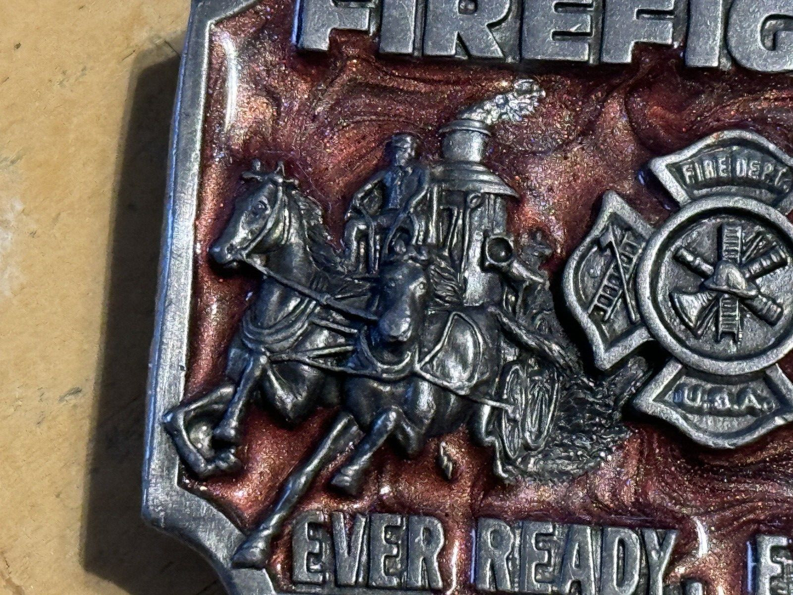 1983 AMERICA&rsquo;S FIREFIGHTERS BELT BUCKLE -EVER READY EVER WILLING Colorful Enamel