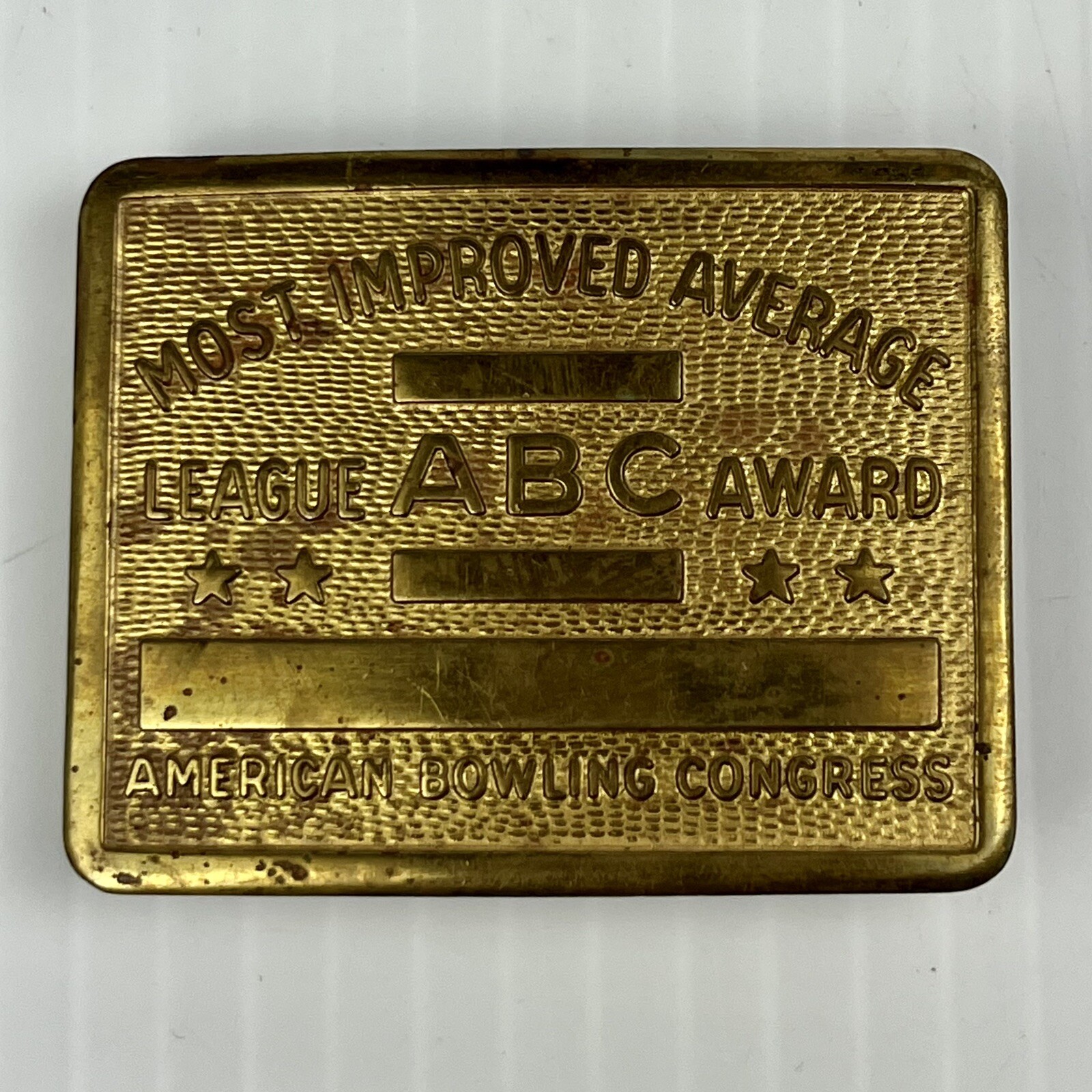 Vintage Bowling League Belt Buckle ABC Award Brass RARE Most Improved Average