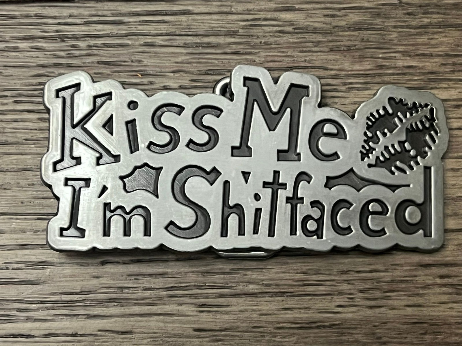 Kiss Me Im Shitfaced Belt Buckle Mens Novelty Metal Pewter Tone 3.5 Wide Retro