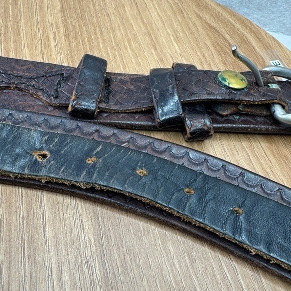 Distressed Leather Woven Embossed Belt Silver Buckle Brown Well Worn Size 50