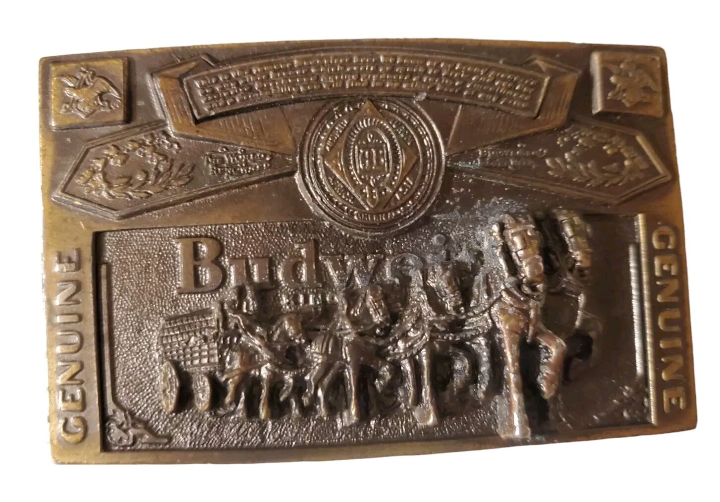 Genuine BUDWEISER Beer Brass Belt Buckle (1982; Serial No. 820) 2 1/8&Prime; X 3 1/2&Prime;
