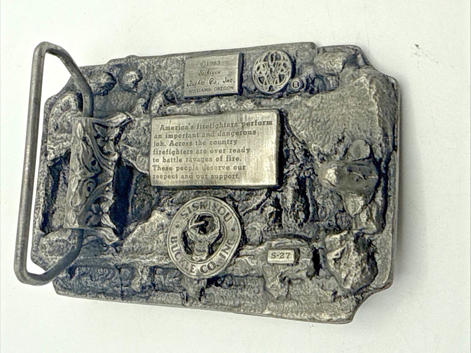 VTG Belt Buckle Americas Firefighters Ever Ready Ever Willing 1983 Siskiyou 3.75