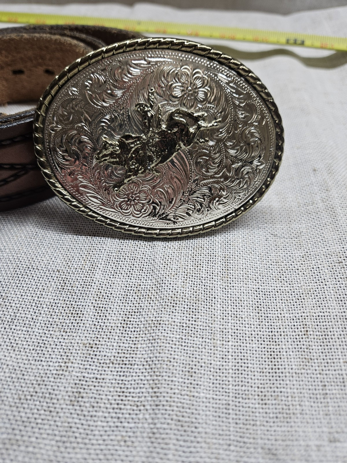 Vintage Metal Belt/Buckle Silver and Brass Bronco Rodeo Bull Riding Cowboy USA