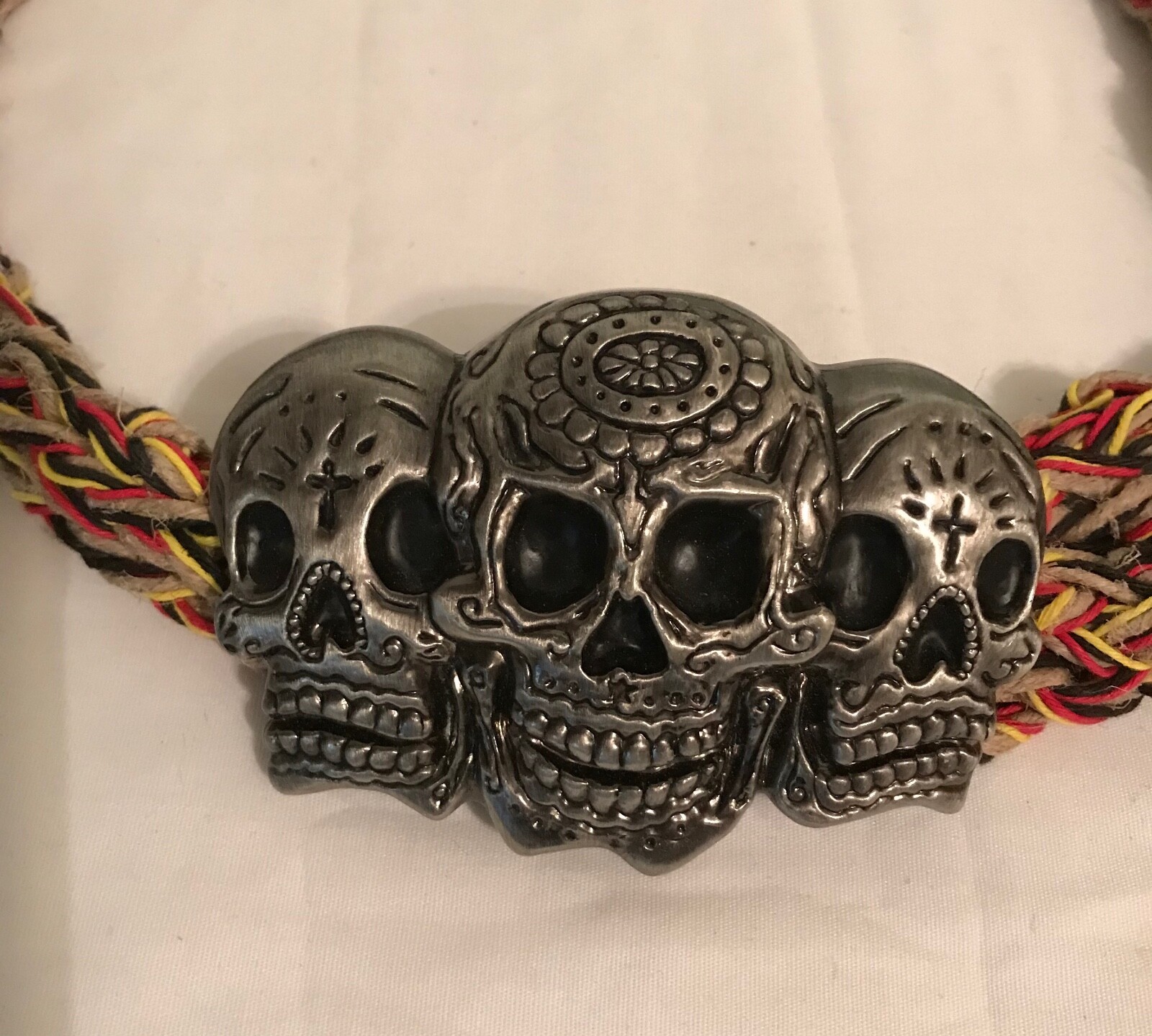 Triple Skull Belt Buckle Rasta 100% Natural Hemp Cord Braided Hemp Twine 48&Prime;