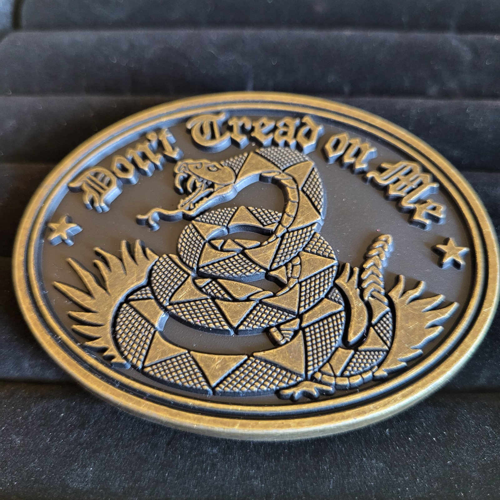 Don&rsquo;t Tread On Me Biker Belt Buckle Gadsden Flag & Snake Antique Bronze Finish
