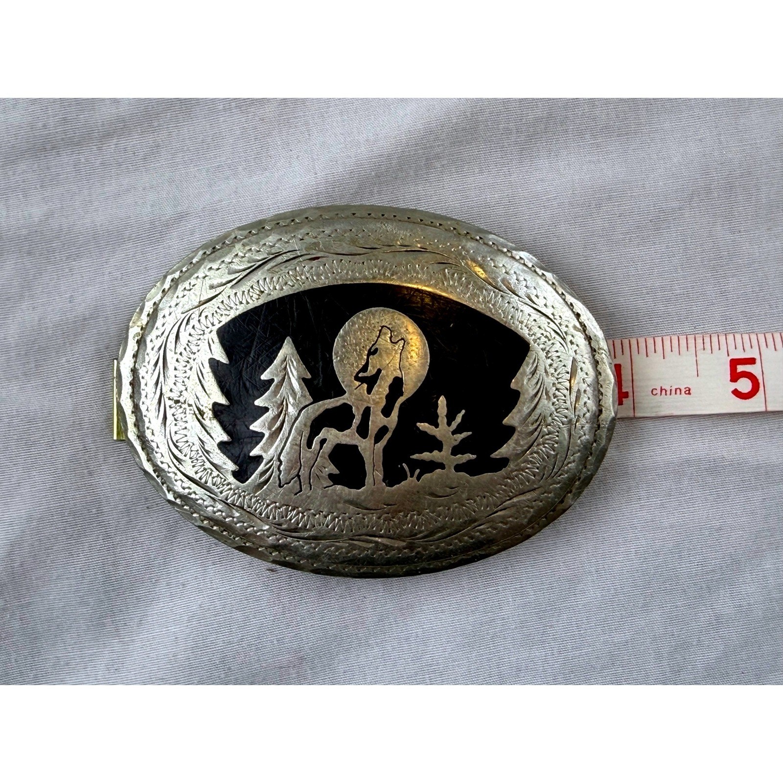 Vintage Howling Wolf Full Moon Western Belt Buckle Black Silver Engraved Cowboy
