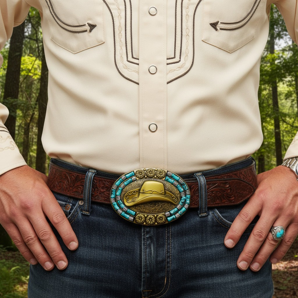 Men Antique Gold Metal Western Belt Buckle Cowboy Hat Turquoise Blue Color Beads