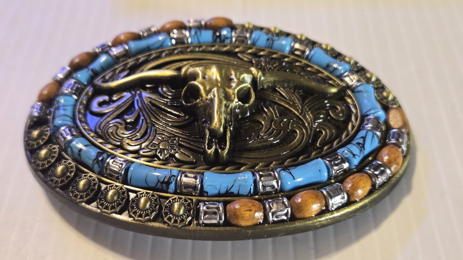 WESTERN COWBOY RODEO LONGHORN BULL SKULL Metal Belt Buckle (BRASS LOOKING)