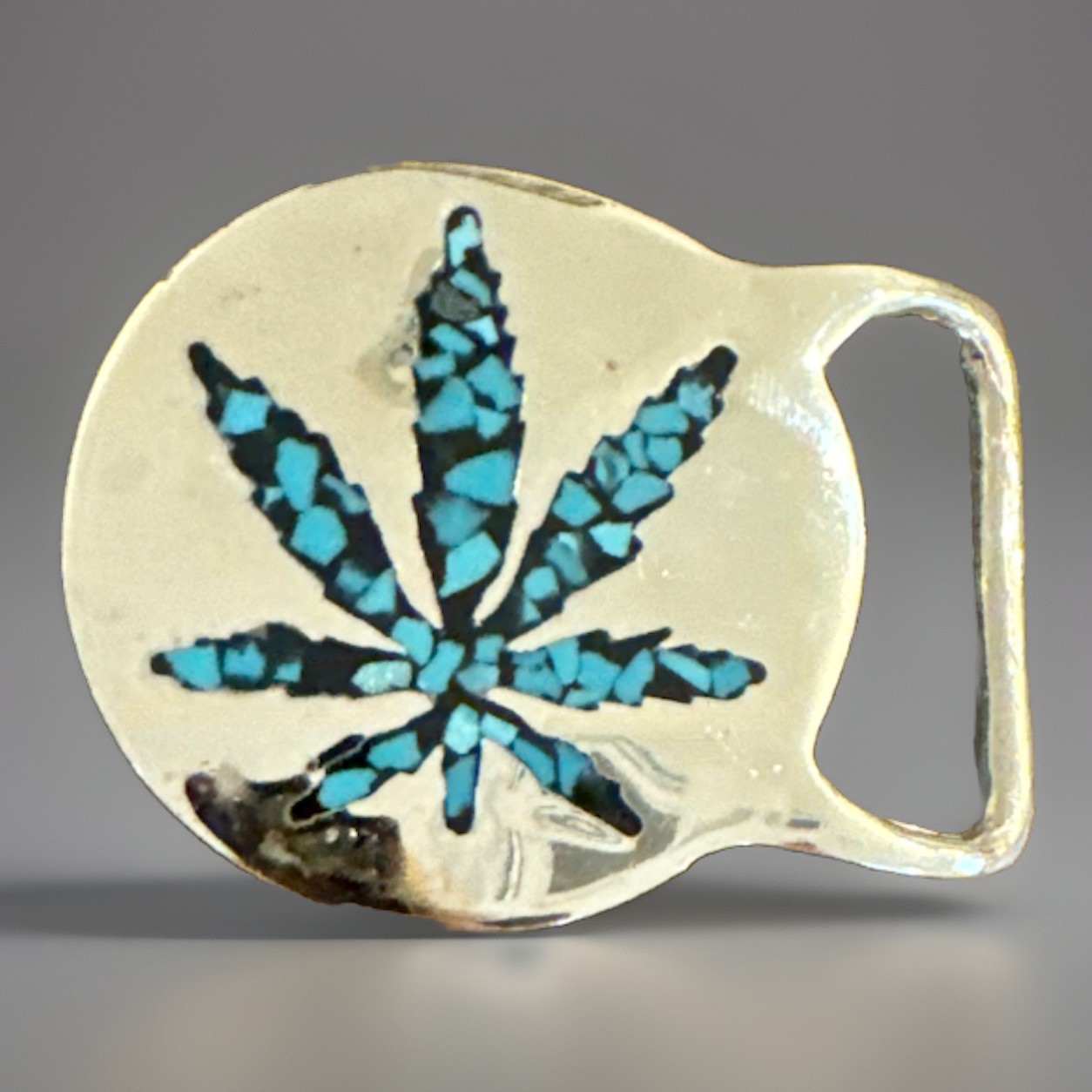 Turquoise Inlay Weed Pewter Belt Buckle Cannabis Pot Leaf Hippie