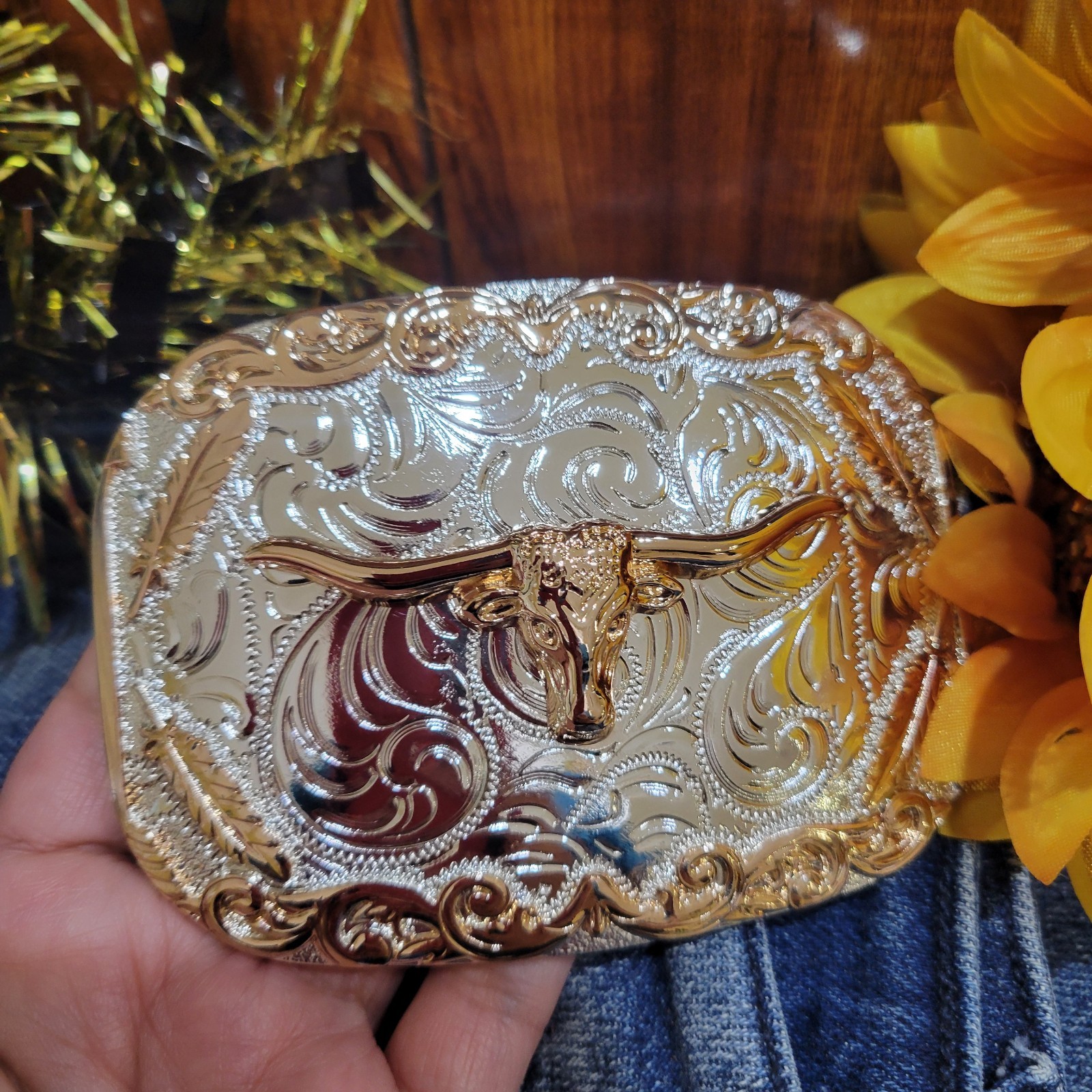 Longhorn Cowboy Belt Buckle Western HebillaSilver & Rosetone 4×3.5 Inch
