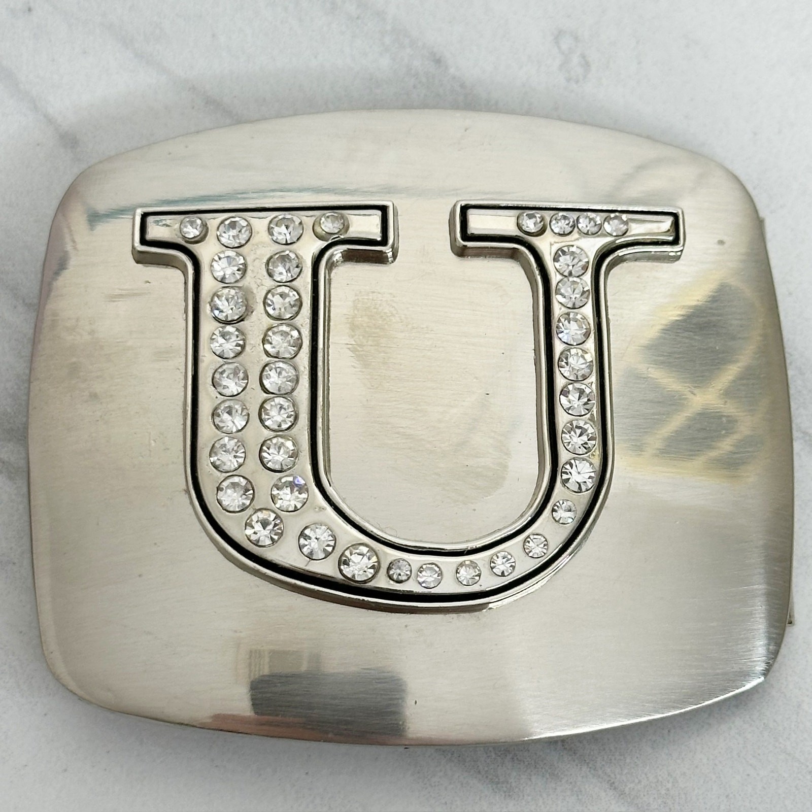 Letter U Rhinestone Initial Monogram Silver Tone Belt Buckle – 3.16&Prime; x 2.78&Prime;