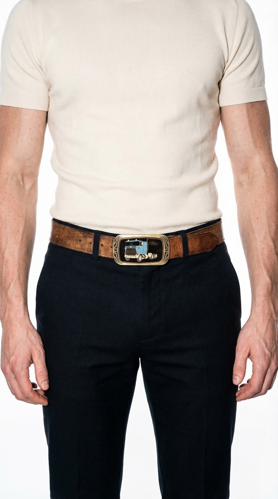 VINTAGE GREEN MACHINE LEATHER BELT WITH FORD TRUCK BUCKLE MEN&rsquo;S