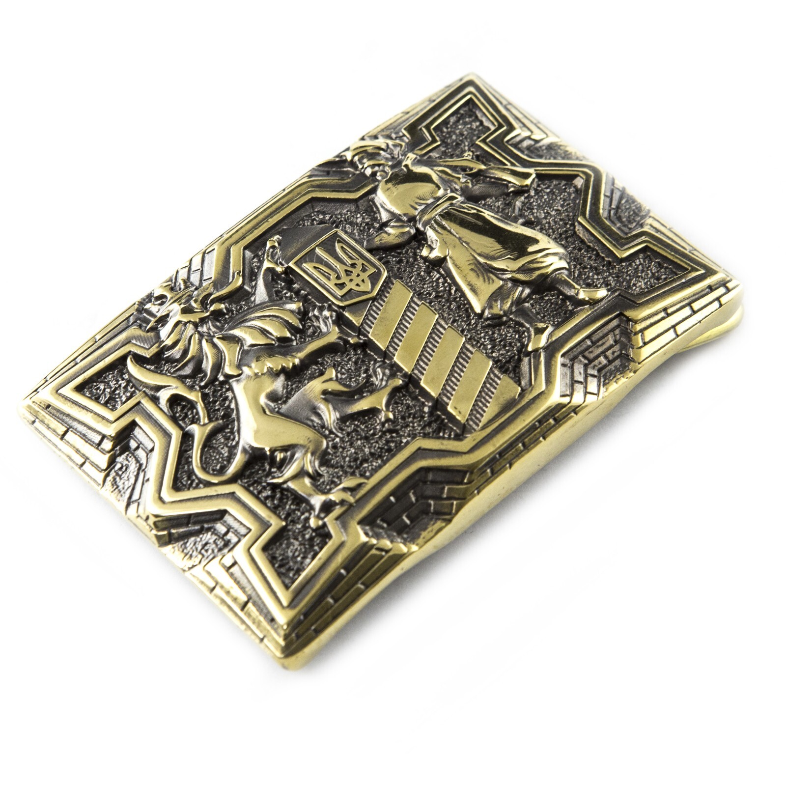 Brass belt buckle Guardians, Military, Cossack and Lion, Ukrainian belt buckle