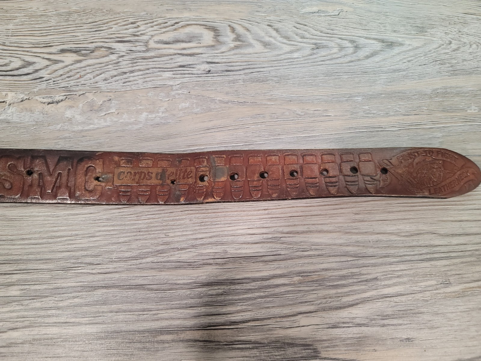 Marines belt buckle leather belt 45in used USMG first to fight