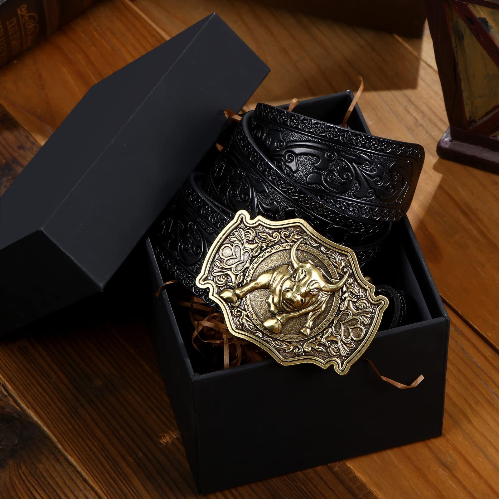 Western Belt Leather Belt with Buckle Cowboy Buckle Belt with Longhorn S…
