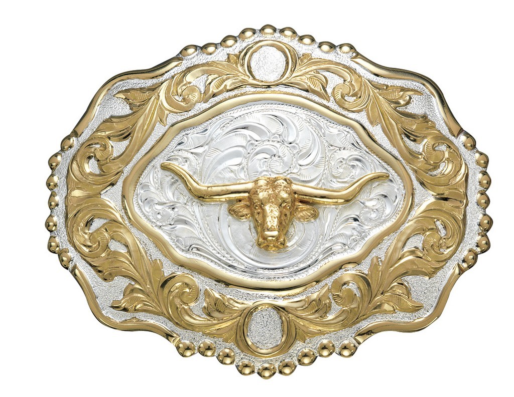 Crumrine Western Belt Buckle Longhorn Bead Scroll Silver Bronze C08726