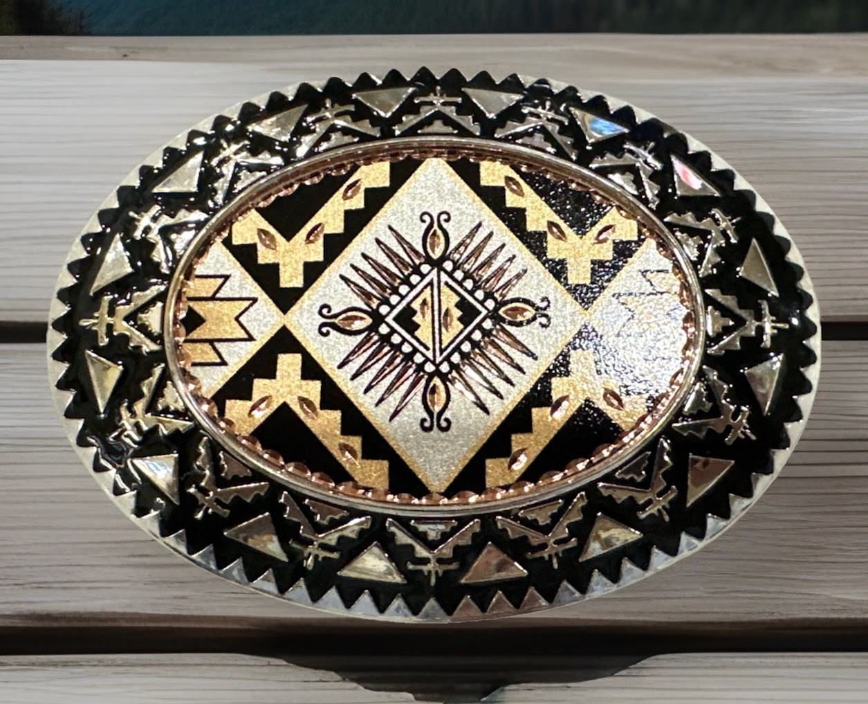 Vintage Sunburst Tribal Art Pattern Multi Color Copper Belt Buckle