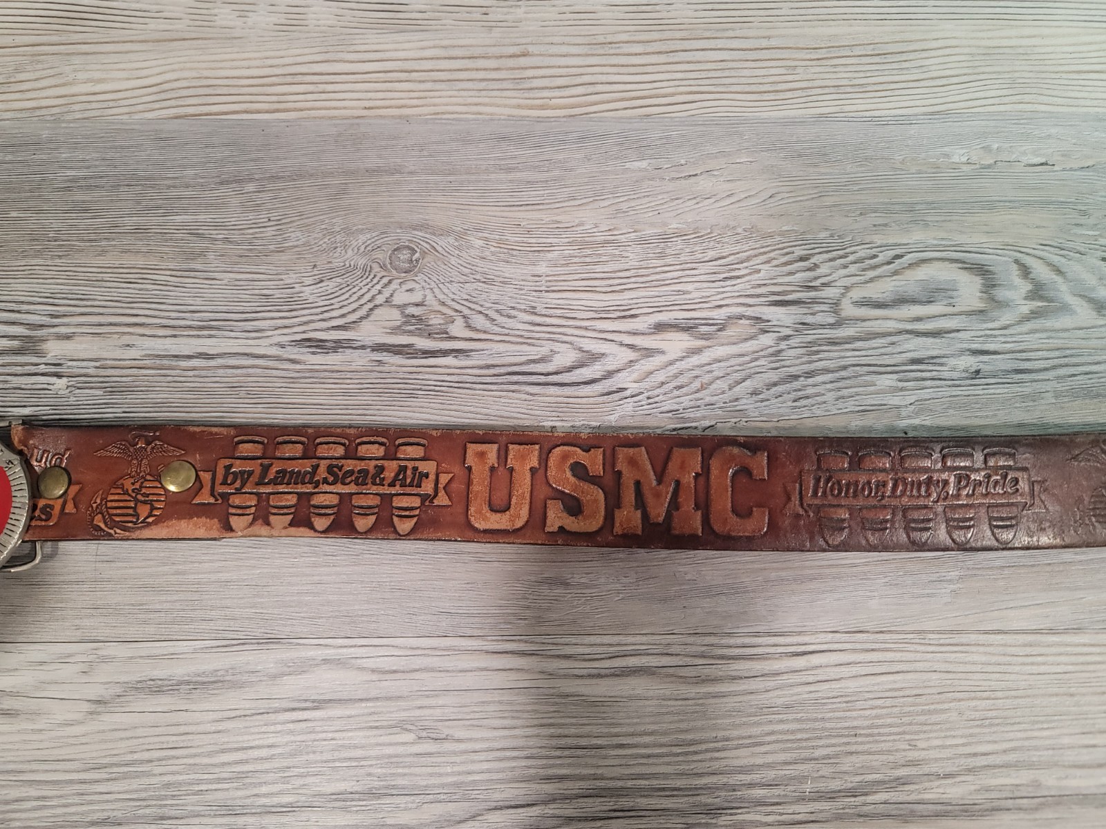 Marines belt buckle leather belt 45in used USMG first to fight