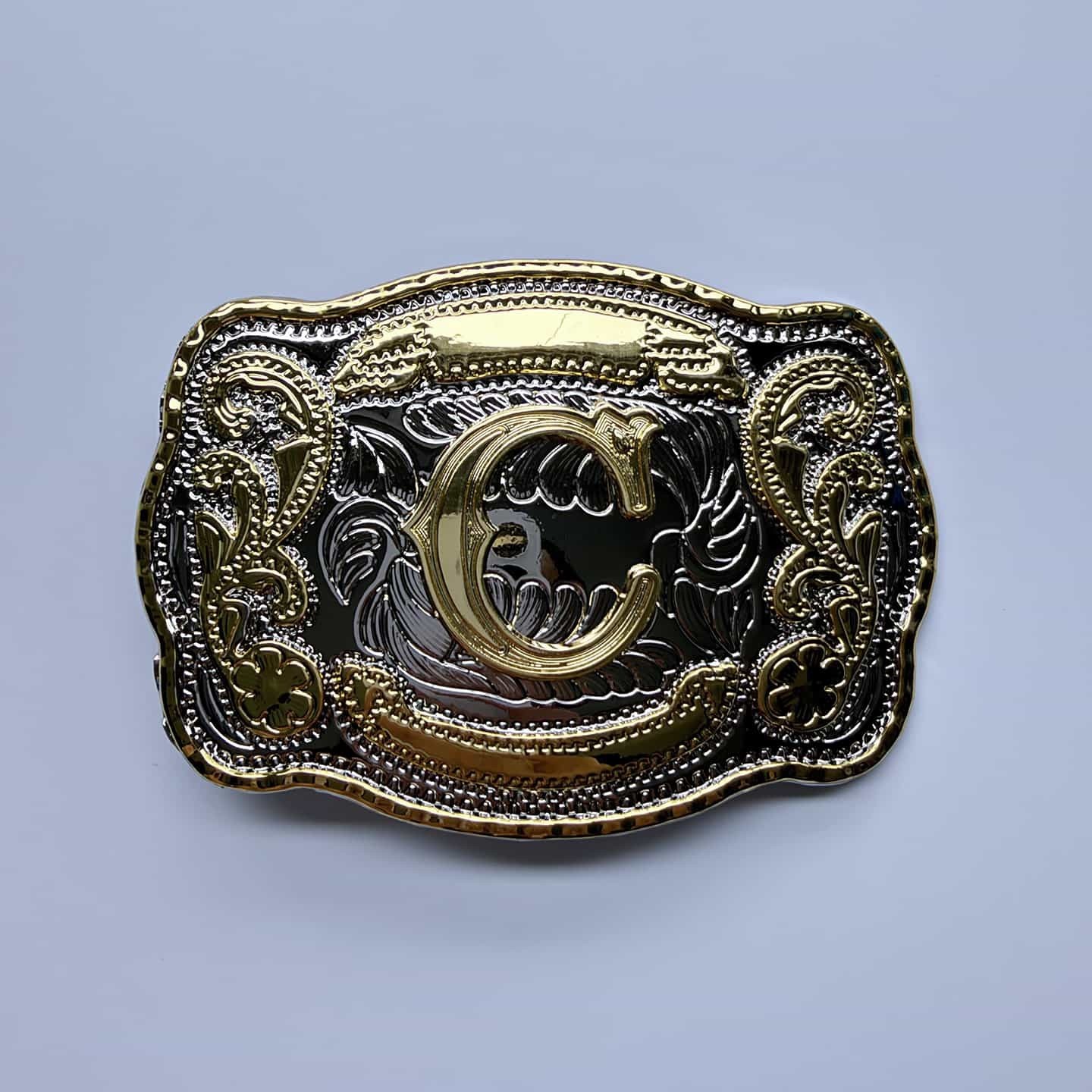 Bright Silver With Gold Initial Letter A-Z Cowboy Cowgirl Rectangle Belt Buckle