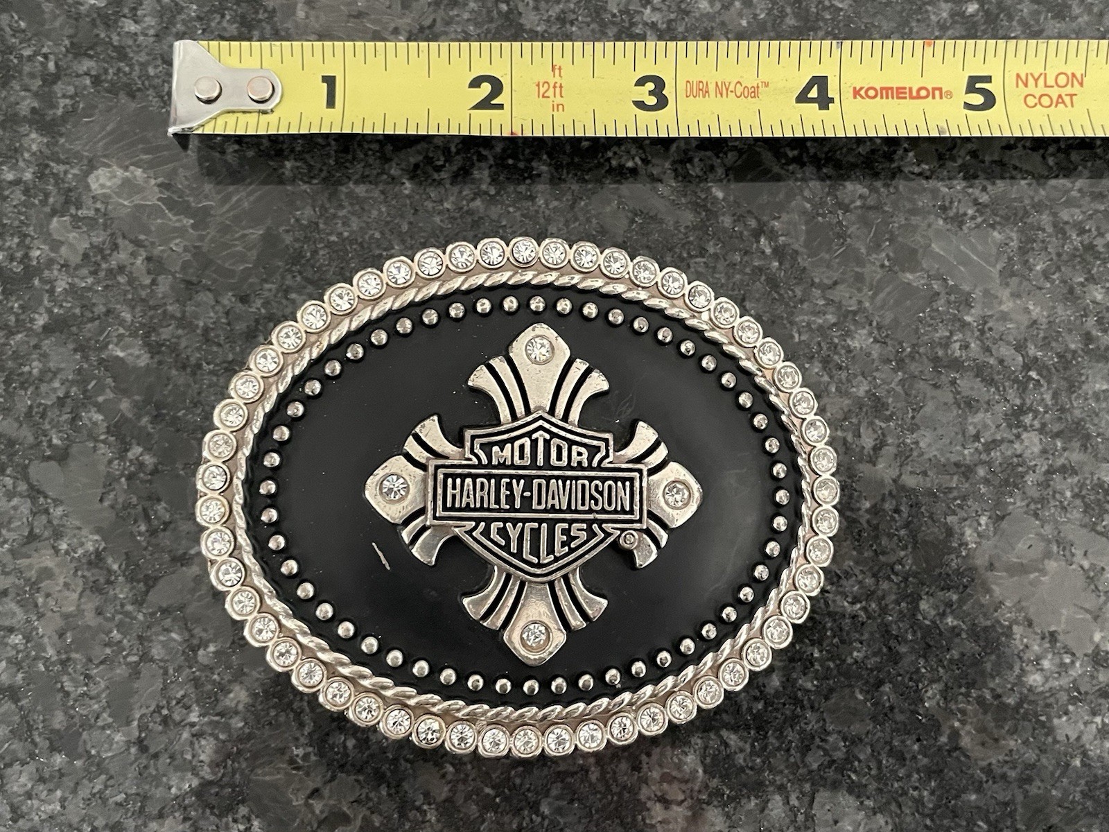 Harley-Davidson womens rhinestone cross belt buckle in polished silver plate.