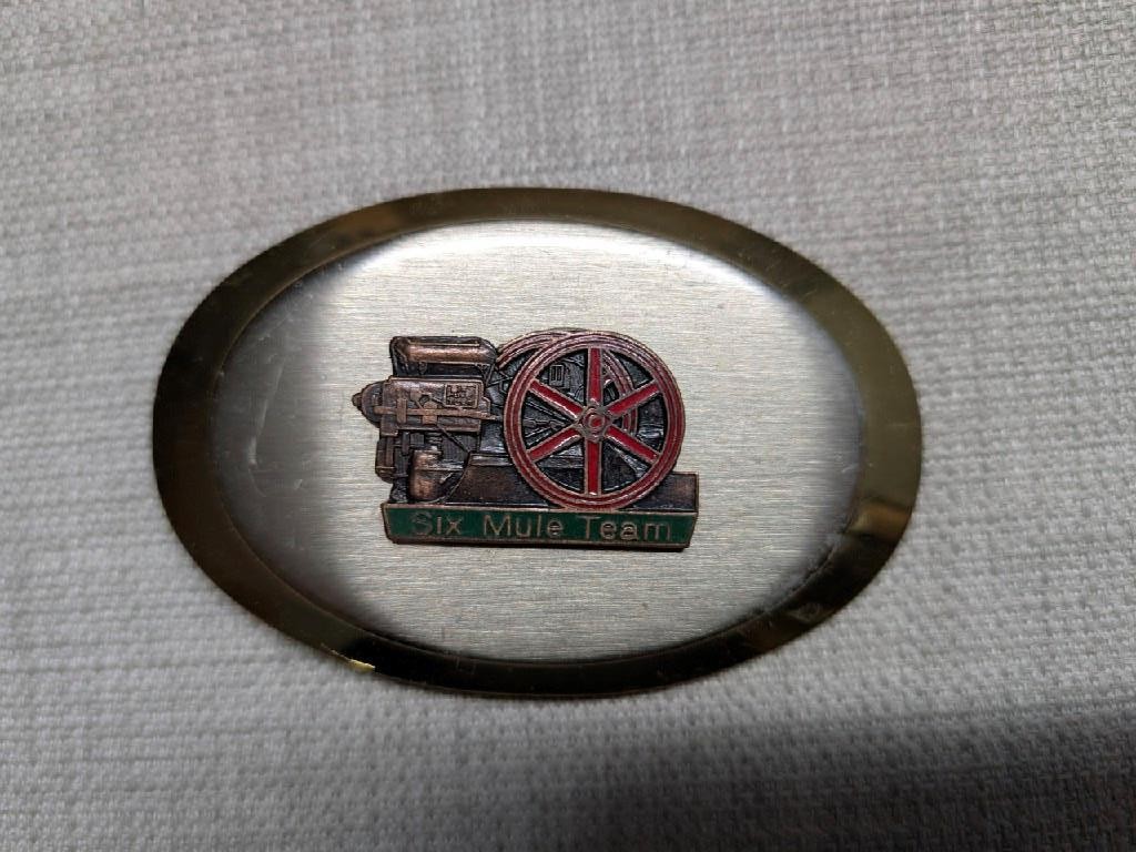 vintage SIX MULE TEAM belt buckle ENGINE western TRACTOR chrome cowboy AMANCO