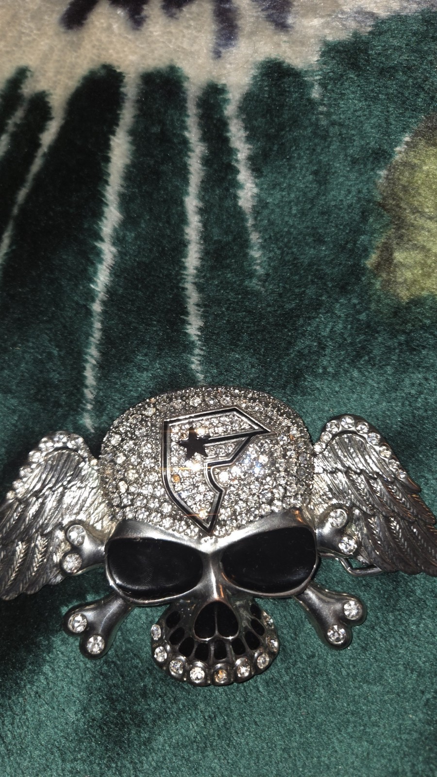 Men&rsquo;s Winged Skull Rhinestone Belt Buckle Silver/Black Interchangeable 1.5&Prime;