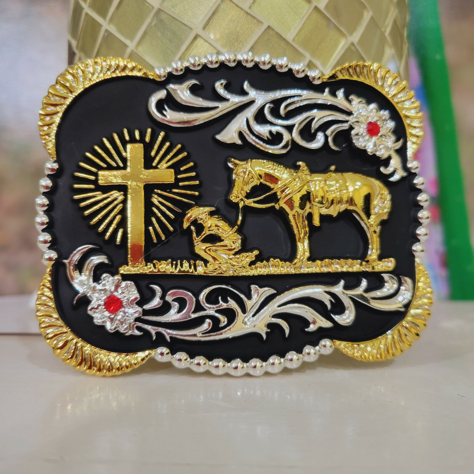 Praying Cowboy belt buckle Western Horse Cross Rodeo Zinc alloy colorful