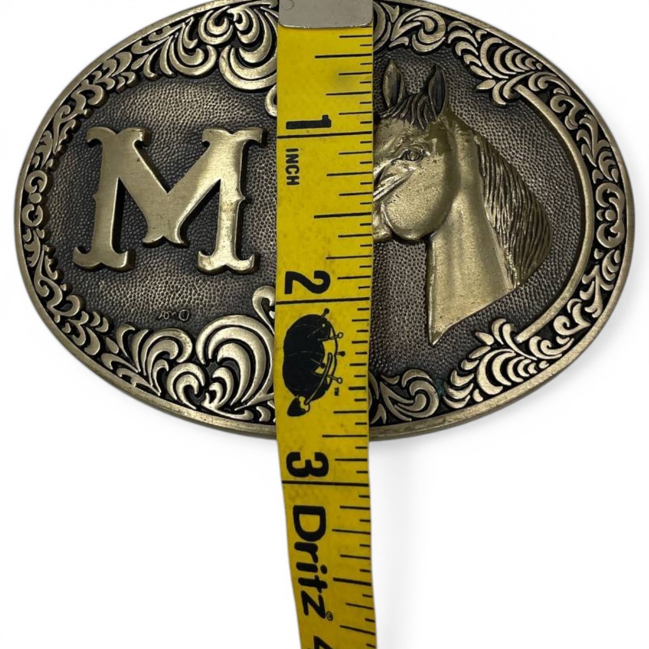 Western Horse Brass Belt Buckle Engraved Initial M Cowboy Rodeo Equestrian