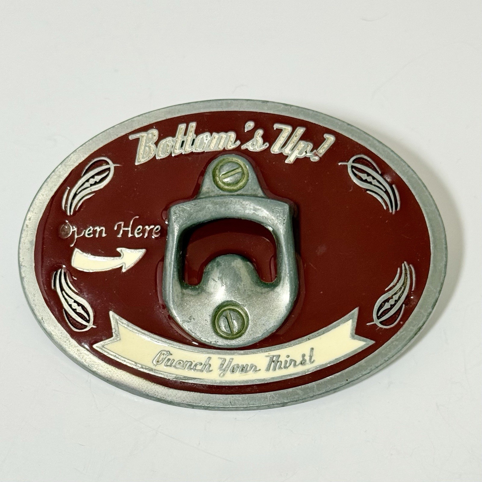 Vintage Bottom&rsquo;s Up! Belt Buckle Bottle Opener 1990’s Novelty Bottle Opener USA